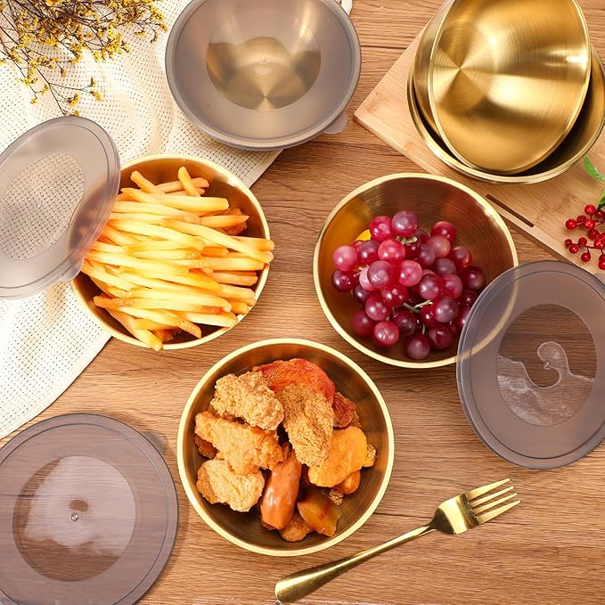Nuogo 12 Pack 6.69 inches Gold Mixing Bowls with Airtight Lids Gold Stainless Steel Serving Bowl Metal Salad Fruit Soup Kitchen Accessories for Lunch Snack