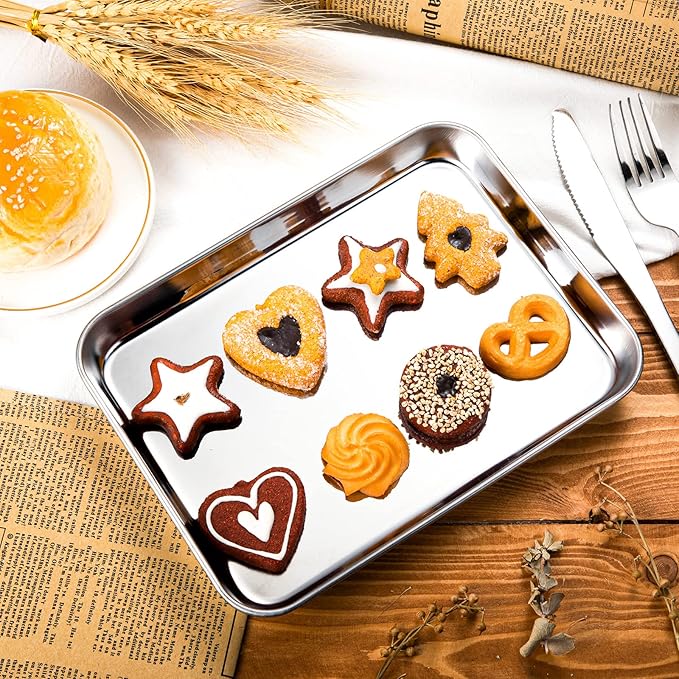 12 Pcs Baking Sheet Pan Set 9 x 6.7 x 1 Inches Cookie Sheet Small Toaster Oven Pans Stainless Steel Tray Barbecue Grill Pan Rectangle Trays Oven, Non-stick, Easy Clean