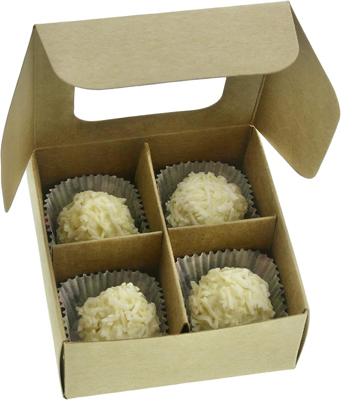 GRETEL BAKING Treat boxes with window and dividers | 4 X-SMALL compartments | 3.5 x 3.5 x 1.57 in | Empty candy boxes for gift giving, truffle box - perfect for Valentine's Day | 20-pack (Kraft)