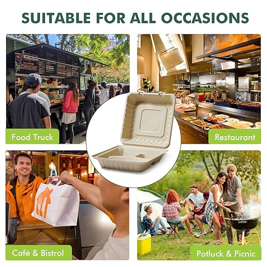 yoyomax [9x9-200Pack 100% Compostable To Go Food Containers with Lids, 3-Compartment Take Out Clamshell Container, Bio Disposable | Eco Friendly | Heavy-Duty Boxes, Made of Sugarcane Fibers