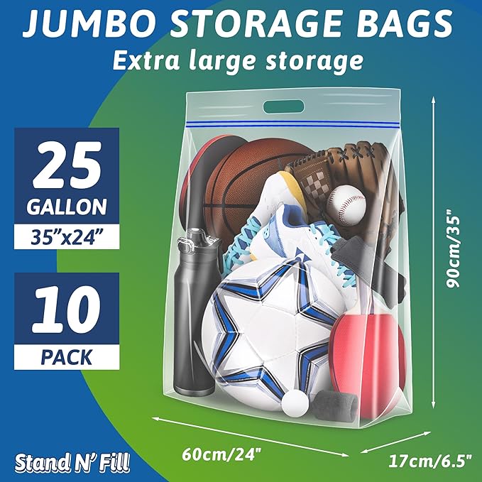Extra Large 25 Gallon Storage Bags - 35” x 24” with Resealable Zip and Carry Handle, Ideal for Clothes, Pillows, Moving and Travel, Set of 10