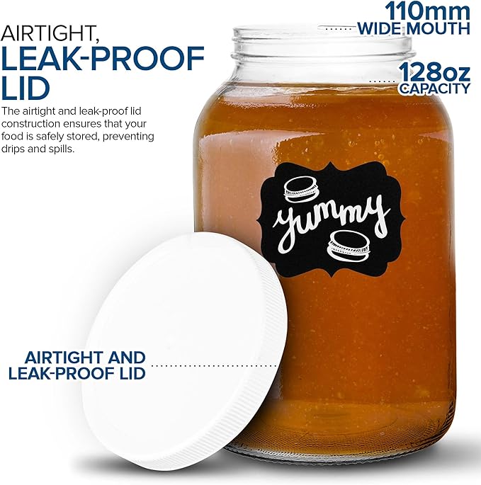 Stock Your Home 128 Oz Glass Jar with Plastic Airtight Lid (2 Pack) - 1 Gallon Glass Jar for pickling, fermentation, brewing, food storage