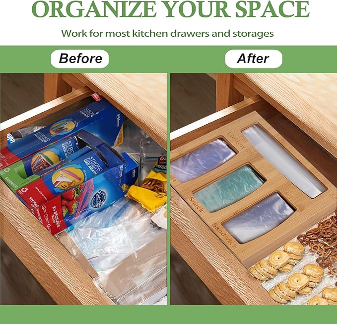 Premium Quality Solid Bamboo One Piece Plastic Bags Organizer, Food Storage Bag Dispenser for Kitchen Drawer, Bamboo Plastic Bag Organizer, Home Organization for Gallon Quart Snack Sandwich Bags