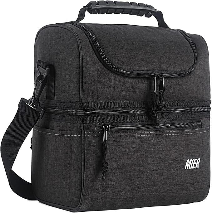 MIER 2 Compartment Lunch Bag for Men Women, Leakproof Insulated Cooler Bag for Work, Dark Grey, Medium