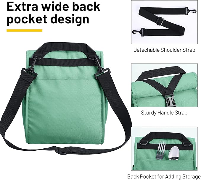 MIER Insulated Lunch Bag Roll Top Lunchbox for Women Men Adults Foldable Rolltop Lunch Tote with Shoulder Strap for Work Office Picnic, Water Bottle Holder, Green