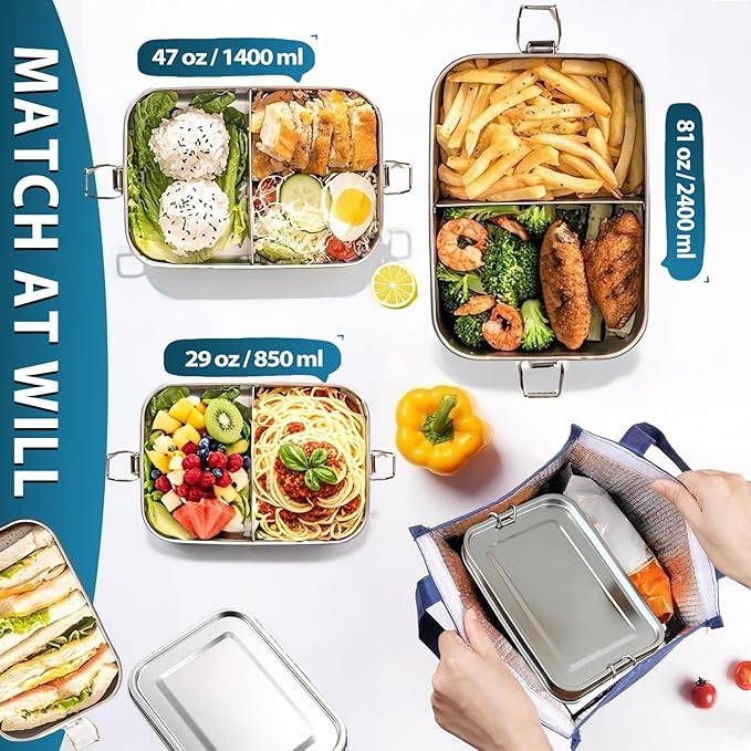Stainless Steel Bento Box 3 Pack 304 Stainless Steel Lunch Box,Leak Proof Stainless Steel Food Containers With Lids(81oz/47oz/29oz) Stainless Steel Lunch Containers With 3 Compartments