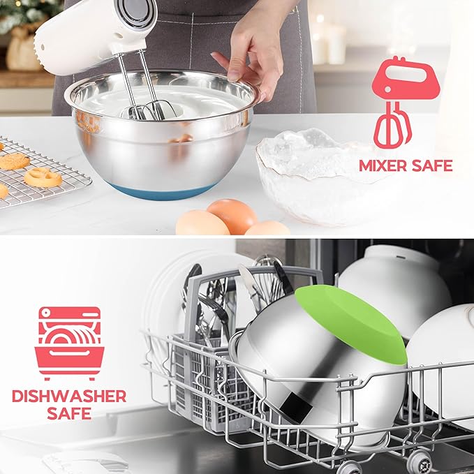 Colorful Mixing Bowl Set of 6 for Kitchen Large Stainless Steel Metal Nesting Mixing Bowls with Airtight Lids Non Slip - Size 1, 1.5, 2, 2.6, 3.5, 7QT