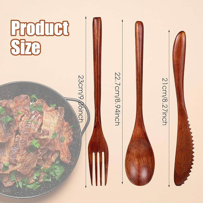 Molain Wooden Utensils for Eating - 18 Pcs Wooden Cutlery Set, Spoon Fork Knife Flatware Dinner Tableware Set, Eco-Friendly Wood Utensils for Kitchen and Travel