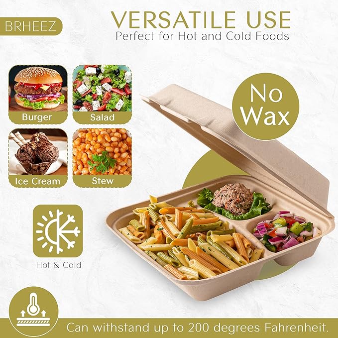 brheez Disposable Clamshell To-Go Containers – Bagasse Fiber Biodegradable Containers with Lids for Takeout, Parties, & Holidays – Pack of 50 Chemical-Free, 3-Compartment Boxes, 8"x8", Natural