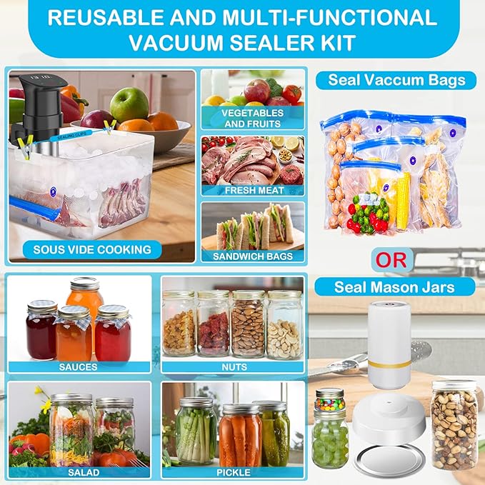 46 PCS Electric Vacuum Sealer, Sous Vide Bags, Handheld Mason Jar Vacuum Sealer & 15 PCS Reusable Vacuum Food Storage Bags for Anova, Joule Cookers, 4 Cooking Clips, 5 Sealing Clips