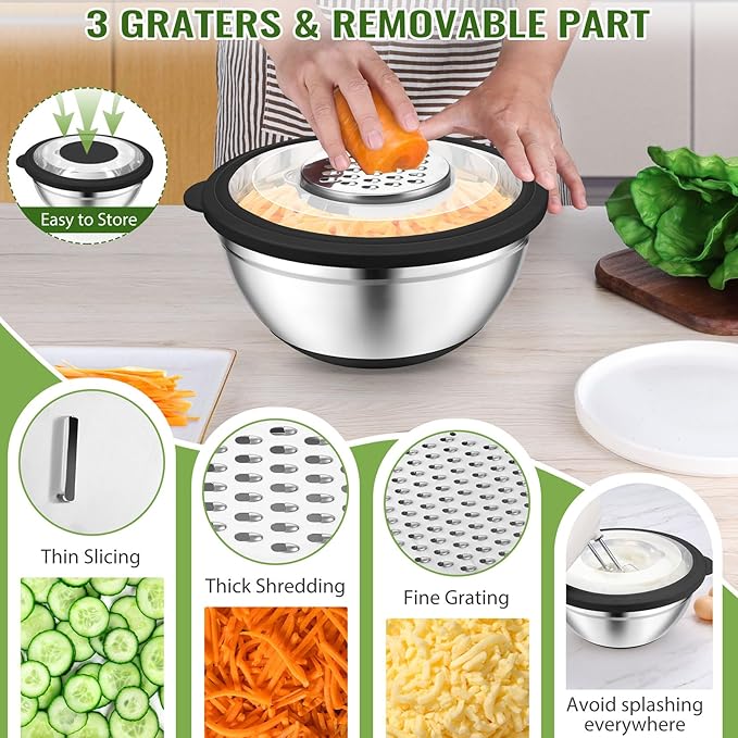 P&P CHEF 4-In-1 Stainless Steel Colander with Bowl Set, Rotatable Strainers for Kitchen, Fruit Cleaner, Washing Fruit & Draining Pasta, Mixing Bowl and Lid with Grater for Salad, Black
