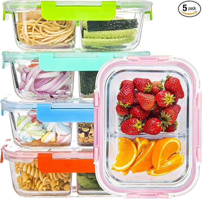 Glass Meal Prep Containers 2 Compartment with Lids (5 Pack, 34oz), Divided Glass Storage Containers for Lunch at Work, Leak-Proof Portion Control Food Containers, Microwave/Dishwasher Safe