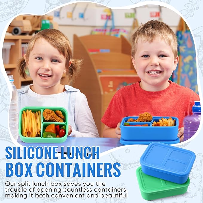 Baderke 2 Pcs Silicone Bento Box for Kids Lunch Box with 3 Compartments Leak proof lunch Container for Children Toddlers for Microwave, Freezer and Dishwasher(Light Blue, Light Green)