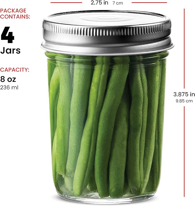 Paksh Novelty Glass Regular Mouth Mason Jars, 8-Ounce with Silver Metal Airtight Lids for Meal Prep, Food Storage, Canning, Drinking, Overnight Oats, Jelly, Dry Food, Spices, Salads, Yogurt (4 Pack)