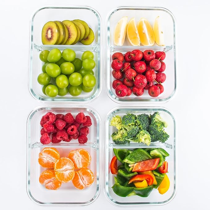 5-Pack,2 Compartment Glass Meal Prep Containers Set,34oz, Divided Food Storage Containers with Lids, Glass Lunch Box with 2 Dividers