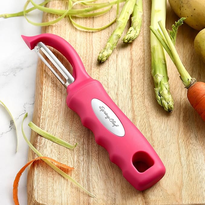 Spring Chef Premium Swivel Vegetable Peeler, Pink & Stainless Steel Magnetic Measuring Cups, Set of 7, Black - 2 Product Bundle