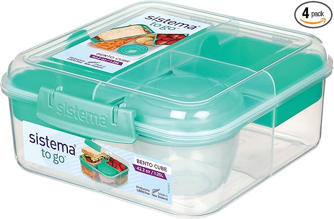 Sistema Bento Box Adult Lunch Box with 3 Compartments, 2 Removable Trays, and Salad Dressing Container, Dishwasher Safe, Color May Vary, 42 oz./1.25L Size (Pack of 4)