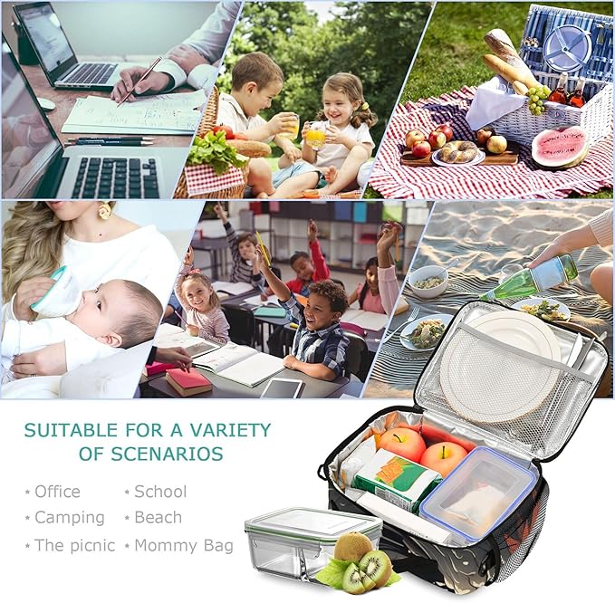 MNSRUU Student Lunch Bag Fox and Flowers Insulated DinnerTotes Picnic Bag Lunch Box with Adjustable Shoulder Strap for Teen Kids Adults