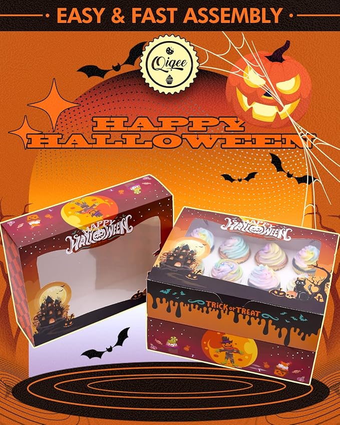 qiqee 12 Cupcake Boxes with Window 16 Packs Halloween Cupcake Box 13"x10"x3.5" Cupcakes Carrier,12 Cupcake Containers For Halloween