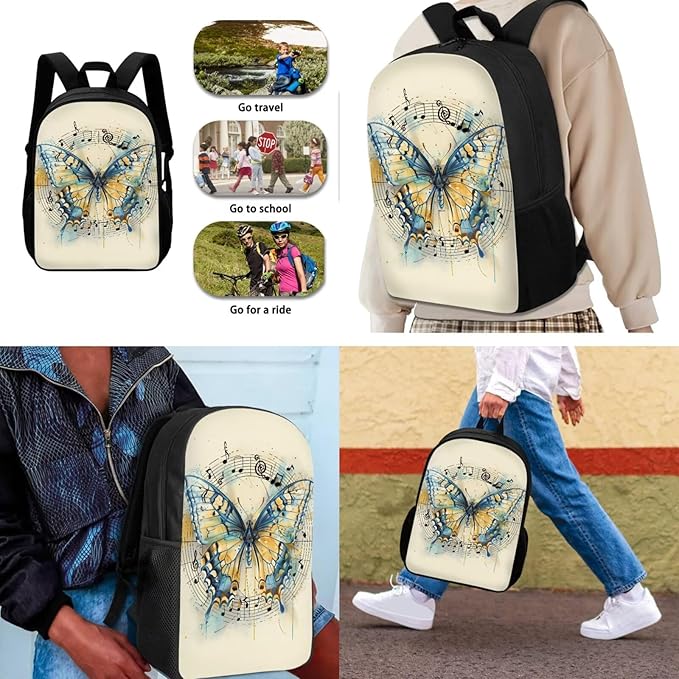 Dolyues Vintage Butterfly 3-Piece Girls Backpack Set - Cute 17-Inch School Backpack with Lunch Box & Zipper Pencil Case or Students & Outdoor Adventures