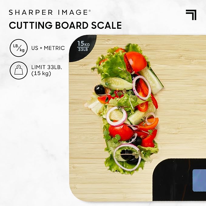 Sharper Image® Bamboo Wood Cutting Board & Food Scale – 33 lb Capacity, LCD Displays Grams & Oz| Kitchen Gadget Essential| Nutrition, Portion Control, Meal Prep, Baking, Dieting, Keto, Weight Loss
