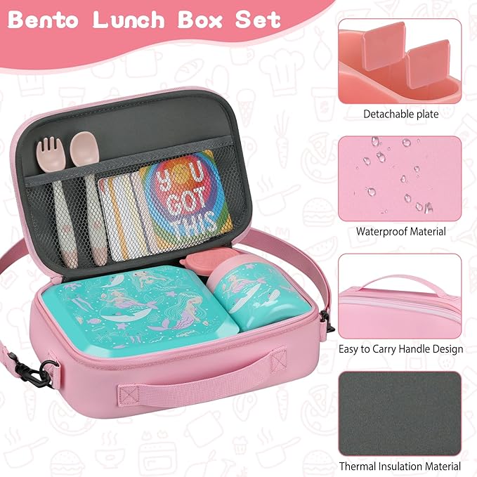 Bento Lunch Box for Kids with 12oz Soup Thermo Leak-Proof Lunch Food Container with 5 Compartment Thermo Hot Food Jar and Insulated Lunch Bag for Kid Toddler Girls Boys to School