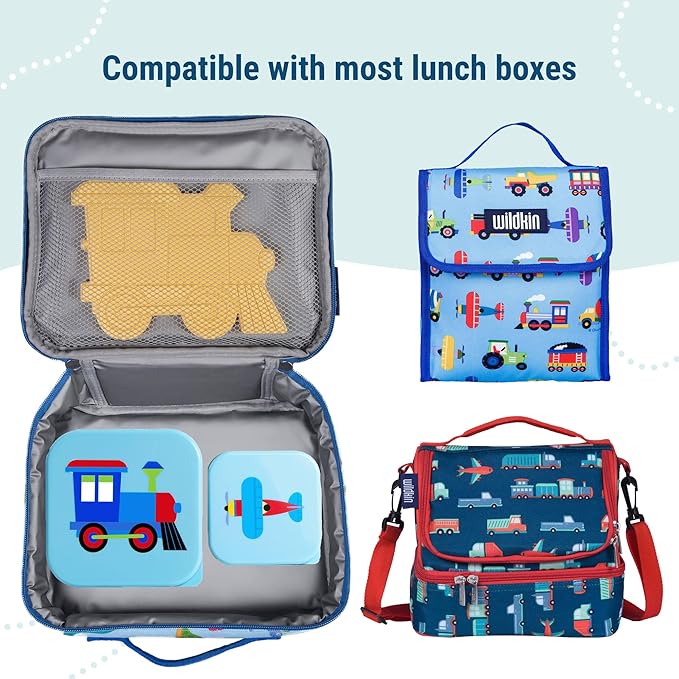 Wildkin Nesting Food Containers for Kids – Stackable, Airtight & Dishwasher Safe - Set of 3 - Trains, Planes & Trucks