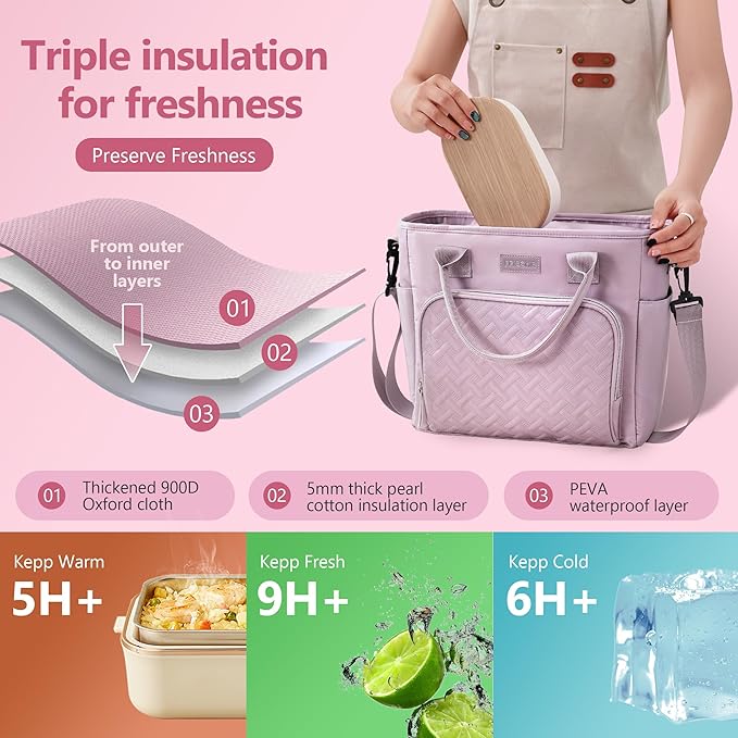 17L Insulated Lunch Bag for Women, LeakProof Insulated Work Lunch Box with Adjustable Shoulder Strap, Large Lunch Cooler Tote for Office, Commute & Travel (Heathered Lilac)