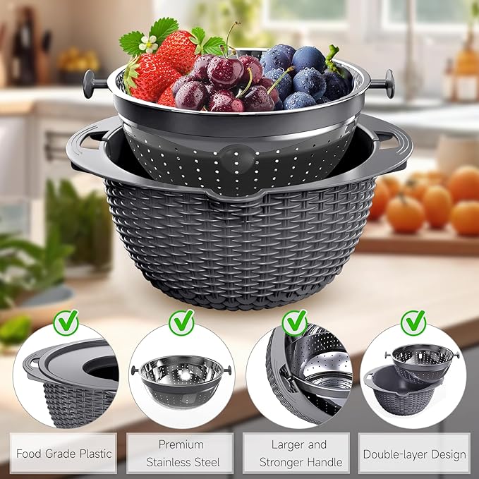 4-1 Colander with Bowl Set - Pasta Strainer - Colander for Kitchen - Strainers and Colanders Rice Strainer Fruit Cleaner Veggie Wash Sink Strainer Kitchen Essentials - Dark Grey
