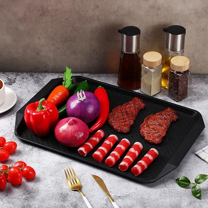 Set of 4 Grill Prep Trays 17x12 Inch 14x10 Inch Large Grill Tray for Cooking Meat Thawing Tray BBQ Serving Plastic Platter, Black Red Stackable Defrosting Grill Prep and Carry System