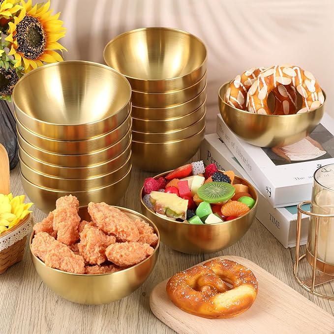 Nuogo 20 Pcs Stainless Steel Gold Mixing Bowls 30 oz Gold Esthetician Bowls for Wedding Party Facial Cereal Fruit Snack Rice Noddle Appetizer Salad Serving Cooking Baking Prepping