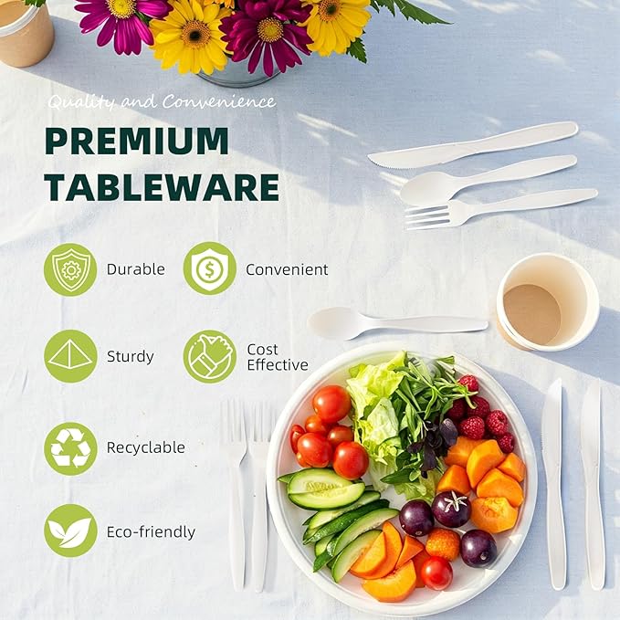 200 Count Biodegradable Cutlery Set Eco-Friendly Compostable Utensils Heavy Duty Disposable Silverware 75 Forks, 75 Spoons, 50 Knives for Parties Picnics Travel BBQ