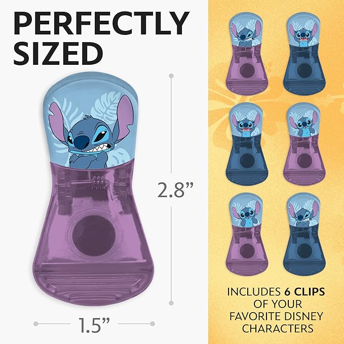 Disney Magnetic Chip Clips – Set of 6 Bag Clips for Food Storage - Mickey, Minnie, Lilo & Stitch, Winnie The Pooh – Durable Airtight Bag Chip Clips for Pantry & Fridge Use