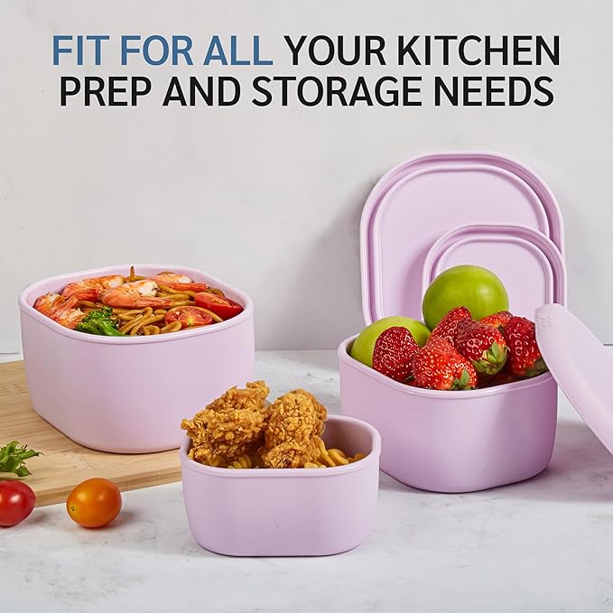 ISSEVE 6Pcs/Set Nesting Silicone Food Storage Containers with Lids, BPA Free Reusable Meal Prep Silicone Containers Lunch Box Bento Box Set (33.8oz, 20oz, 10oz, 6.7oz, 1.3oz) (Purple)