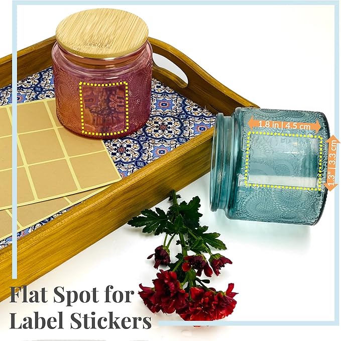12 oz Decorative Glass Storage Jars with Airtight Bamboo Lids - 8 Pack Blue - Sunflower Embossed Spice, Candle & Home Organizer Set