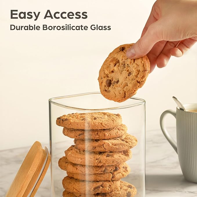 Kitchen Storage Jars 34oz - Set of 3 Bamboo Lid Storage Containers - Square Glass Food Storage Jars - Airtight Glass Pantry Storage