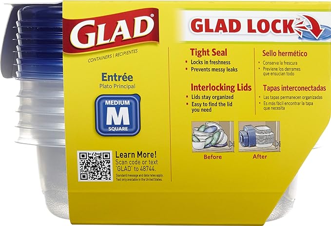 Glad Medium Square Food Storage Containers for Everyday Use | Medium Square Food Storage Containers Hold up to 25 Ounces of Food (25 Oz) |5 Count, Standard Food Containers (Pack of 4)
