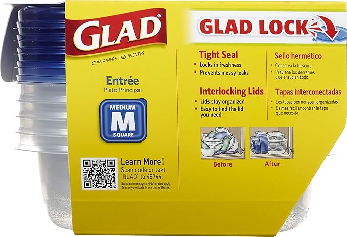 Glad Medium Square Food Storage Containers for Everyday Use | Medium Square Food Storage Containers Hold up to 25 Ounces of Food (25 Oz) |5 Count, Standard Food Containers (Pack of 4)