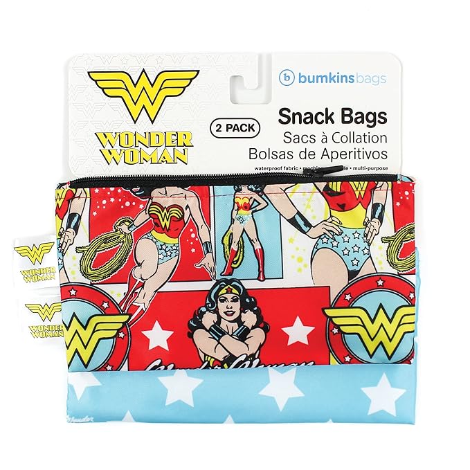 Bumkins Reusable Snack Bags, for Kids School Lunch and for Adults Portion, Washable Fabric, Waterproof Cloth Zip Bag, Supplies Travel Pouch, Food-Safe, 2-pk Wonder Woman DC Comics
