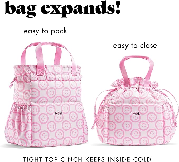 Fit & Fresh Lunch Bag For Women, Insulated Womens Lunch Bag For Work, Stain-Resistant Large Lunch Box For Women With Containers, Cinch Closure Cromwell Bag Cotton Candy