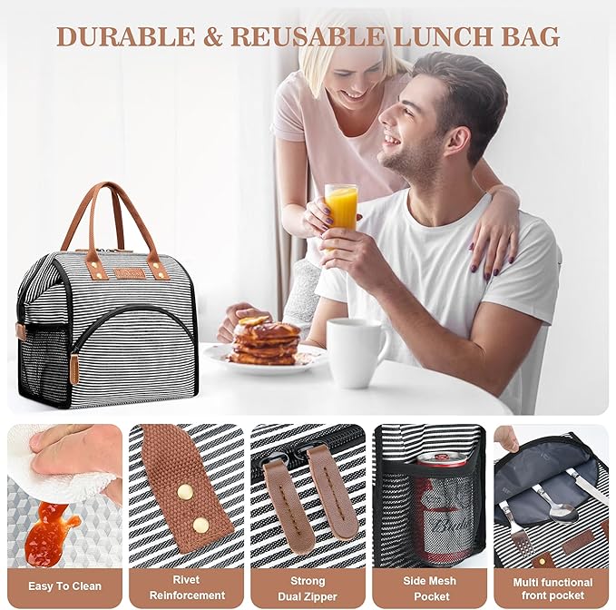LOKASS Lunch Bag Insulated Lunch Box Wide-Open Lunch Tote Bag Large Drinks Holder Durable Canvas Thermal Snack Organizer for Women Men Adults Work Picnic Hiking Beach Fishing,Stripes