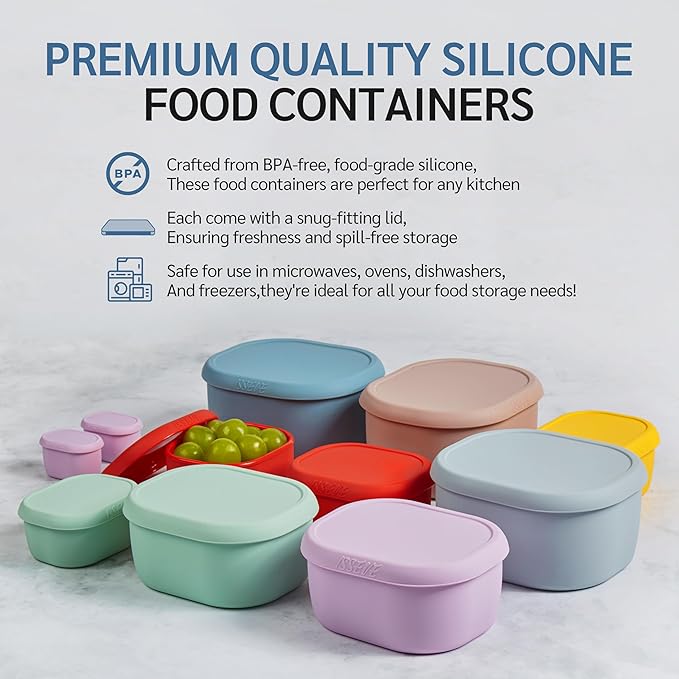 ISSEVE 6Pcs/Set Nesting Silicone Food Storage Containers with Lids, BPA Free Reusable Meal Prep Silicone Containers Lunch Box Bento Box Set (33.8oz, 20oz, 10oz, 6.7oz, 1.3oz) (Yellow)