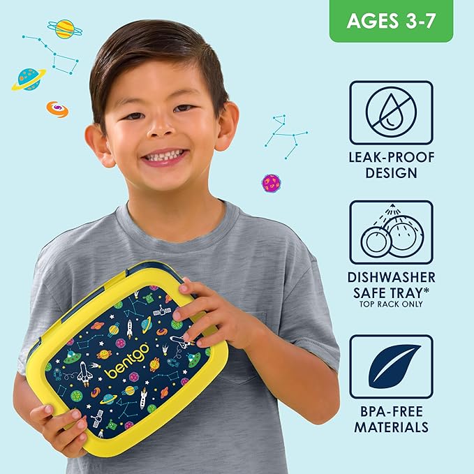 Bentgo Kids Prints Leak-Proof, 5-Compartment Bento-Style Kids Lunch Box - Ideal Portion Sizes for Ages 3-7, Durable, Drop-Proof, Dishwasher Safe, & Made with BPA-Free Materials (Space)