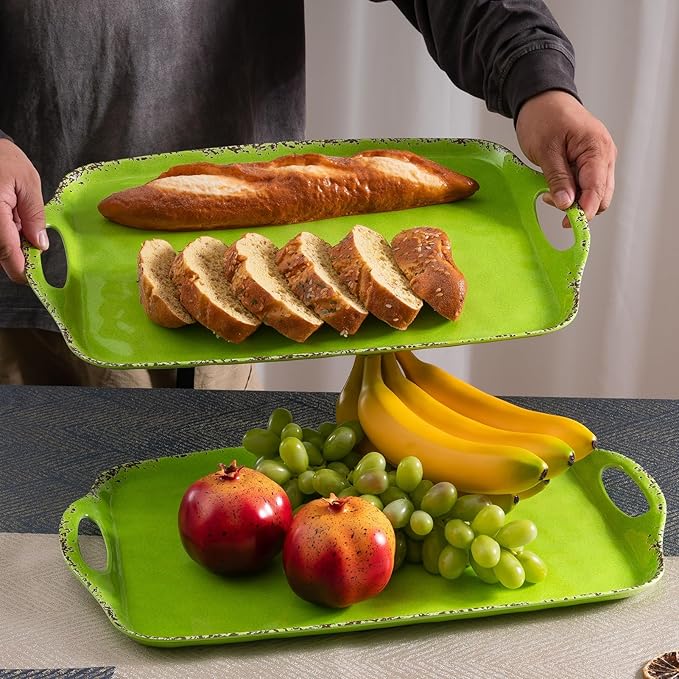 Large Melamine Serving Trays for Eating, 19'' x 12'' Serving Platter for Turkey, Christmas,Appetizer, Charcuterie, Food, Snack, Cupcakes, Dessert, Dishwasher Safe Tray, Set of 2, Green
