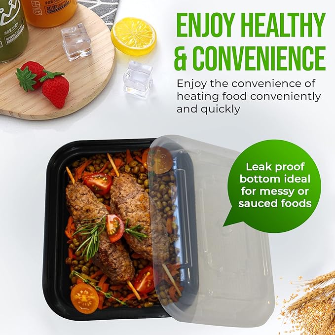 Single Compartment Meal Prep 50 Pack - 12oz Container with Airtight Lid – Freezer, Microwave & Dishwasher Safe – Stackable – BPA Free – Meal Prep Storage Container (Black)
