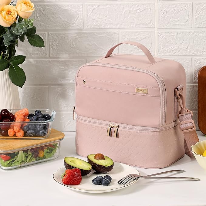 NISHEL Lunch Bag for Women, Insulated Two Separate Compartments Meal Box with Adjustable Shoulder Strap, Leakproof Cooler Case for Work, Pink