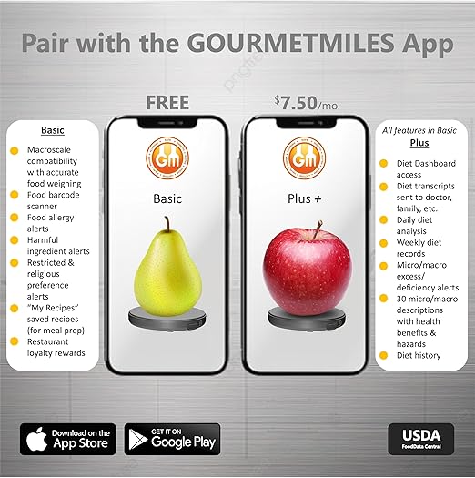 Portable Food Scale, Pocket Sized, Rechargeable. Tracks, Calories, Nutrition, Cholesterol, Micros, Macros for Weight Loss, Health, Diabetes, Meal Prep, Diet. Use with FREE Gourmetmiles App.