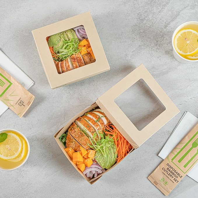 Restaurantware-27 Ounce Sturdy Paper Take Out Boxes, 200 Disposable Take Out Food Containers - With PLA lining, Paper Lid With Clear PLA Window, Bamboo Paper Containers, Compostable, Greaseproof
