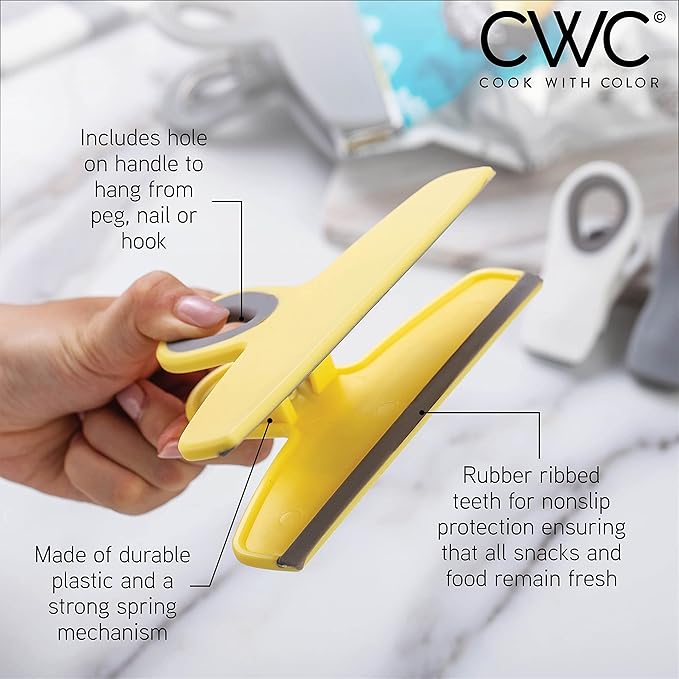 COOK WITH COLOR Bag Clips - Heavy Duty Chip Clip and Refrigerator Magnet Clips for Food Storage with Air Tight Seal Grip, Yellow and Grey, Pack of 4 Large Clips