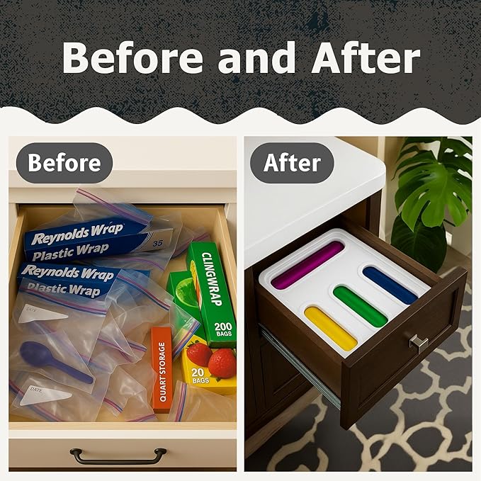 Food Storage Bag Organizer for Kitchen Drawer, 4-Slot, Wall-Mountable, Plastic Sandwich Bag Dispenser with Locking Lid Design